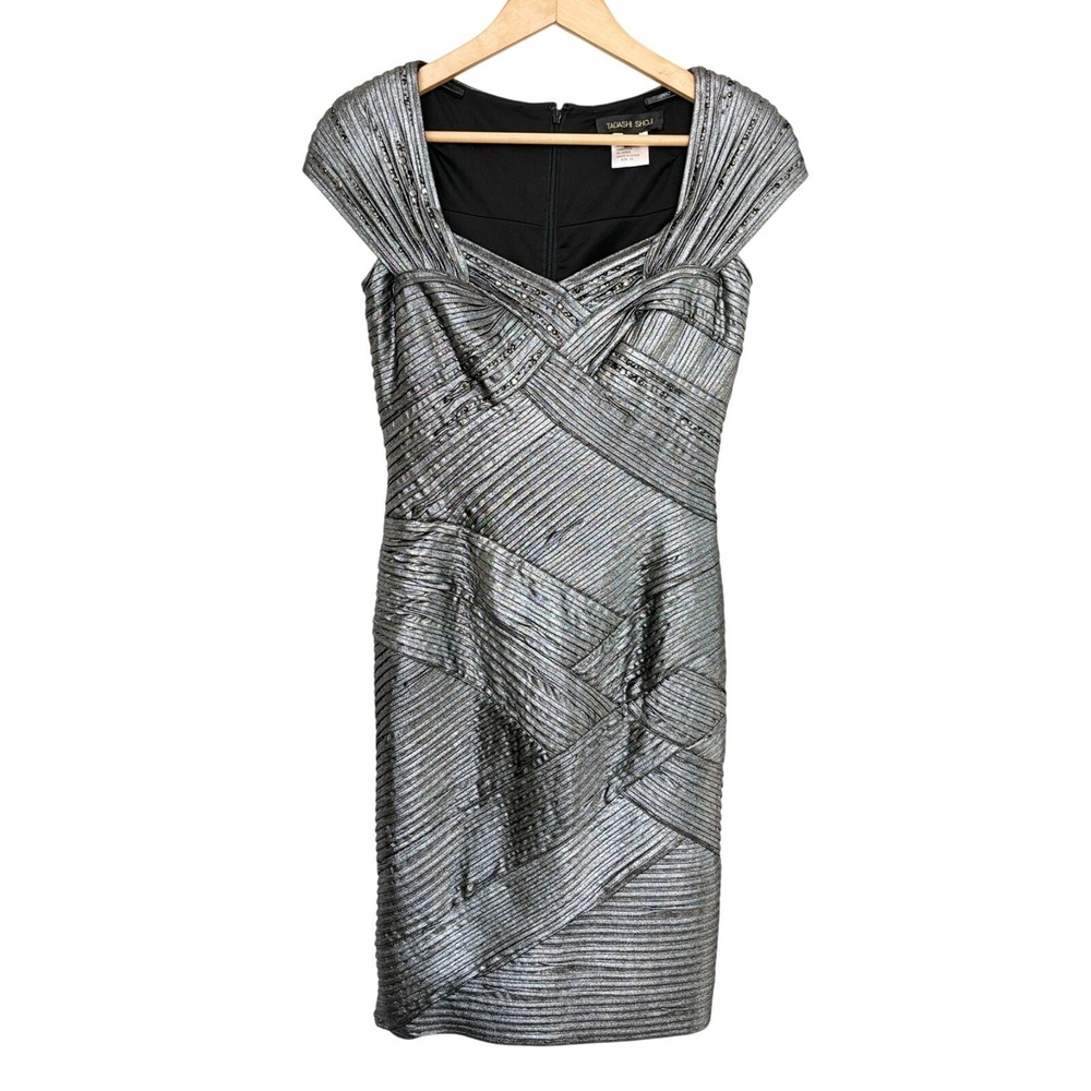 TADASHI SHOJI Collection $348 Silver Metallic Sequin Tinsel Evening Dress XS